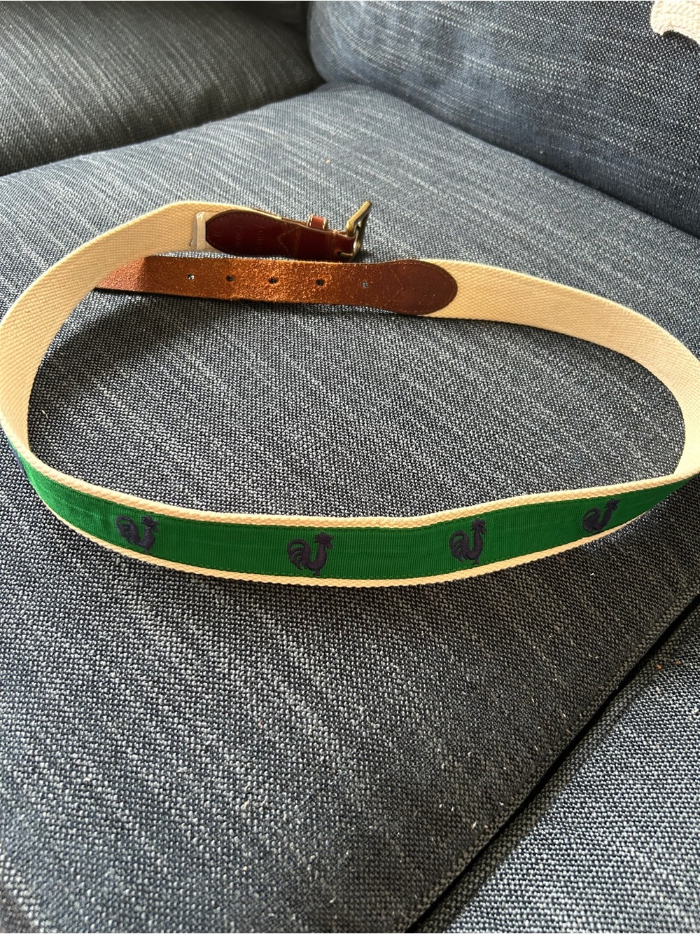 Vintage j crew Green Embroidered Web Belt with Leather Trim and Roosters!